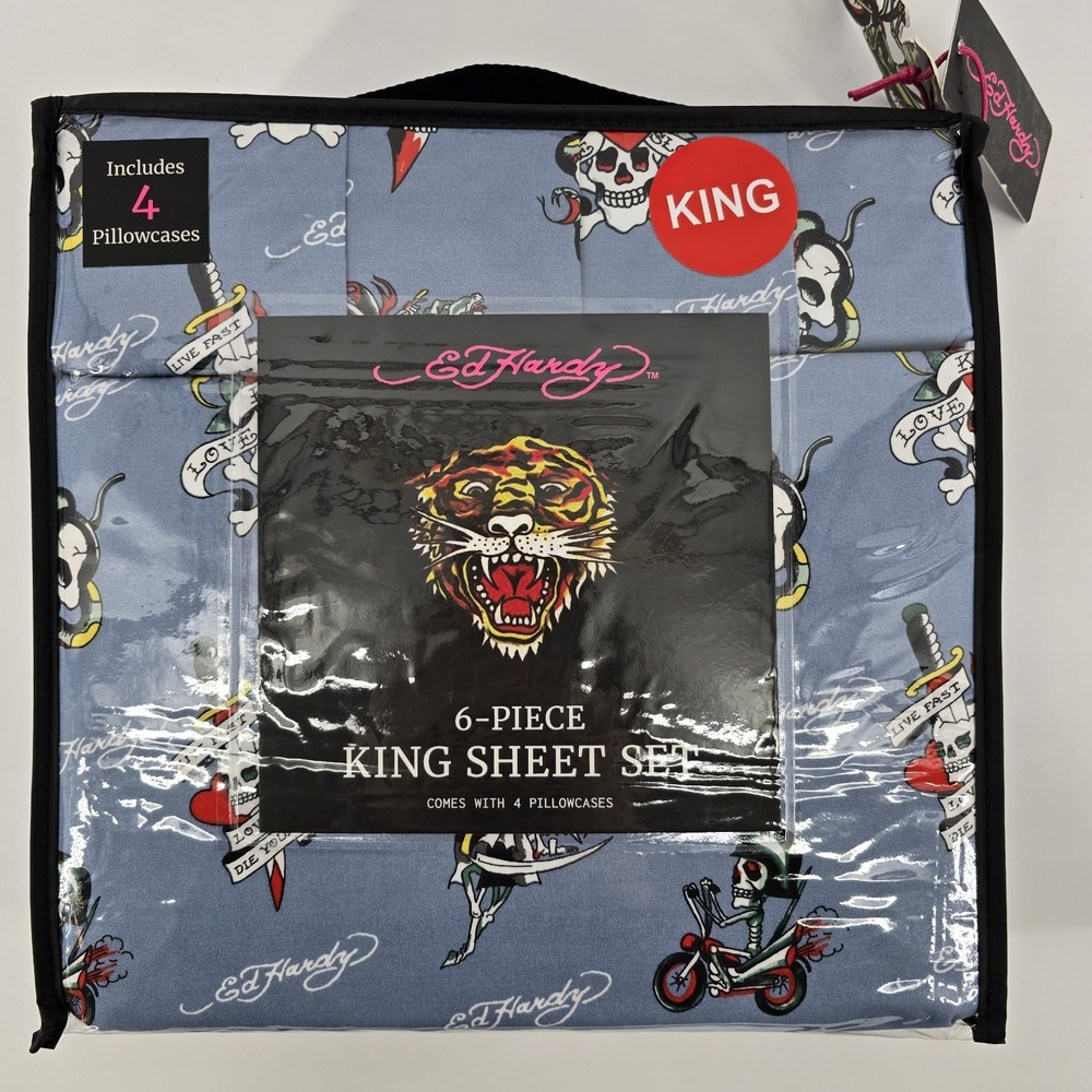 Ed Hardy King Sheet Set Blue Motorcycle Skull Love Kills Slowly Dagger 6 Piece‎